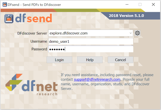 The Login dialog with server name and user credentials