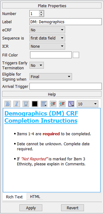 Plate Properties dialog