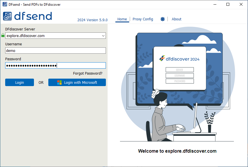 The Login dialog with server name and user credentials