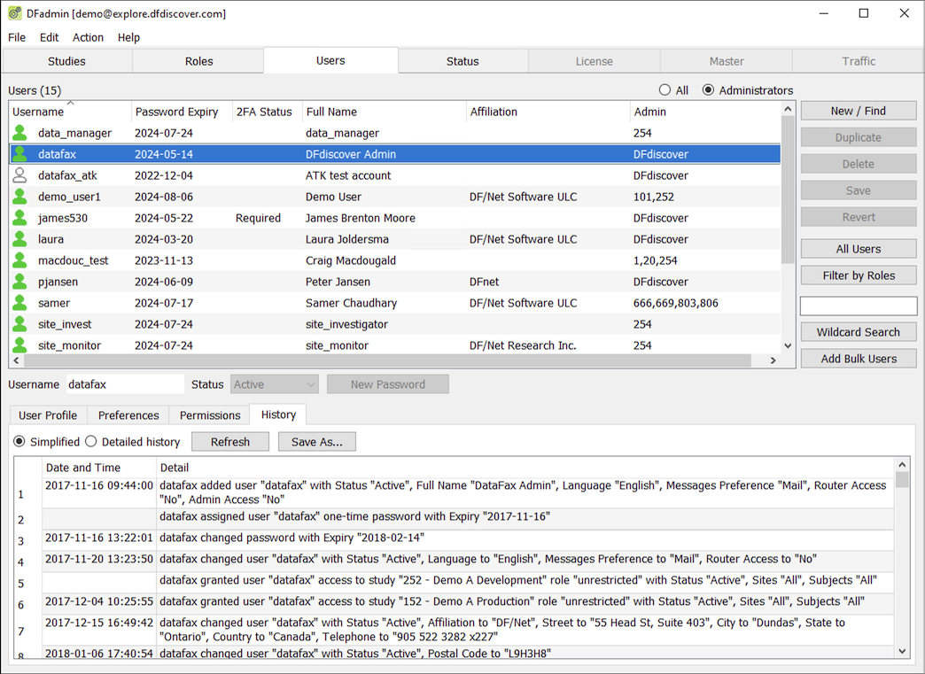 The Users History view