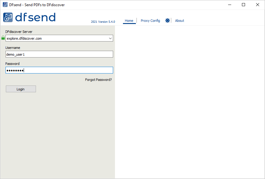 The Login dialog with server name and user credentials