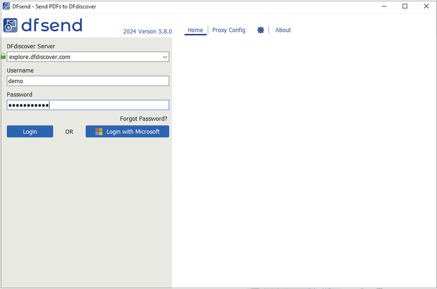The Login dialog with server name and user credentials